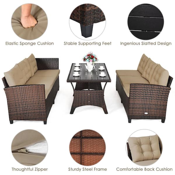 Costway Island 3 Piece Wicker Dining Set Patio Furniture 6 Seats Sofa With Coffee Cushions Hw65982 - Island Style Outdoor Furniture