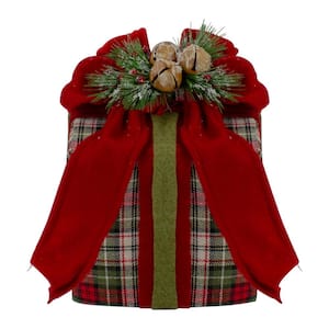 9 in. Red and Green Plaid Christmas Present Decoration with Bow