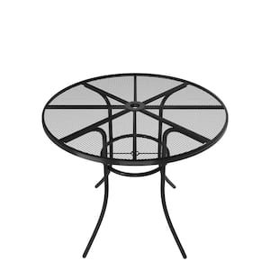 Black Steel Round Mesh Outdoor Dining Table with 1.9 in. Umbrella Hole