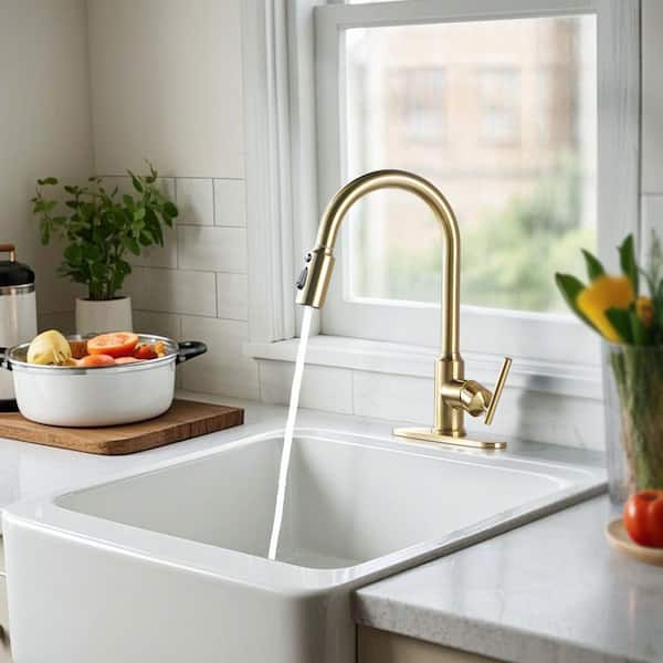 Modern High Arc Single Handle Pull-Down Sprayer Kitchen Faucet, Kitchen Sink Faucet with Deckplate in Brushed Gold