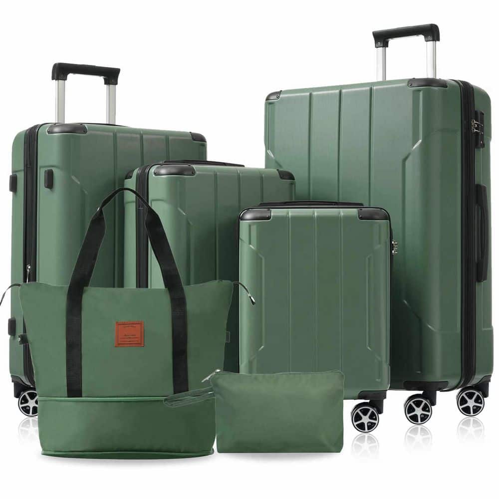 6 or more-Piece Green Hardshell and Lightweight Luggage Set with Dual Wheels and TSA Lock