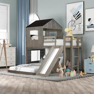 Playhouse Style Antique Gray Wooden Twin Over Full Bunk Bed with Ladder,Slide and Guardrails(78.7 in. W x 82.3 in. H)