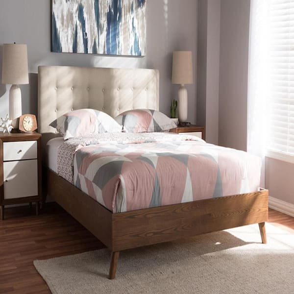Beige Frame King Size Platform Bed, Durable Upholstered Platform Bed, Space-Saving Modern Platform Bed