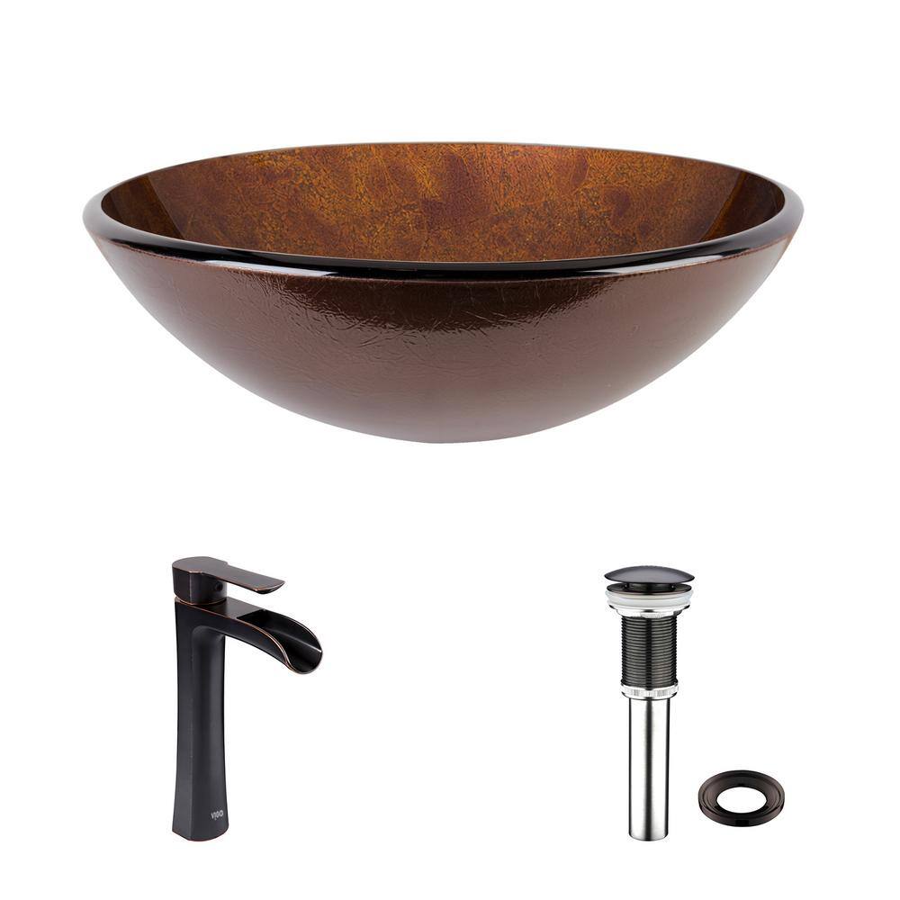 Russet Brown Round Glass Vessel Sink with Antique Bronze Faucet