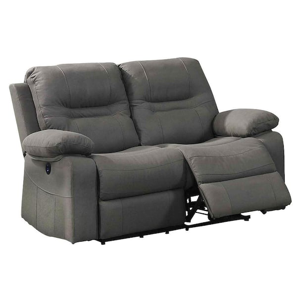 Benjara 39 in. Gray Solid Leather 2-Seater Power Motion Loveseat with Pillow Top Arms