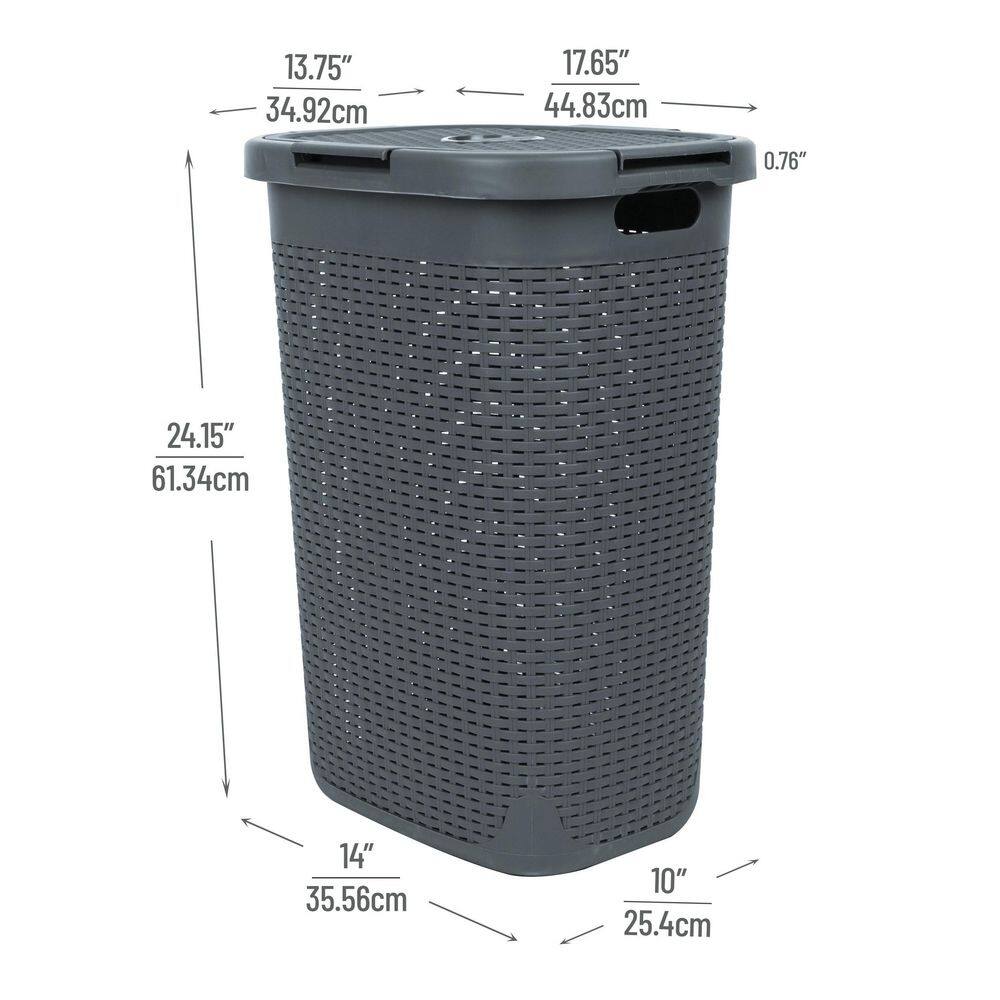 Gray Rectangle Wicker Style Plastic Laundry Hamper Set with Lid