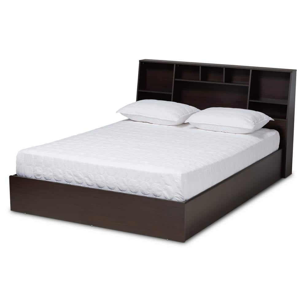 Queen Geoffrey Wood Platform Storage Bed with Shelves Dark Brown - Baxton Studio: Modern Design, No Box Spring Required