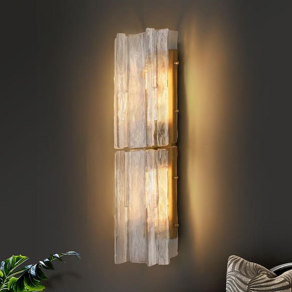 8.27 in. 2-Light Dimmable LED Brass Wall Sconces with Water Ripple Glass, for Living Room, Hallway, Stairway(1 piece)