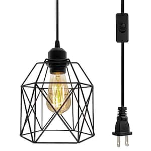 1-Light Black Geometric Shaded Industrial Plug-in Pendant Light with On/Off Switch, Hanging Light for Living Room