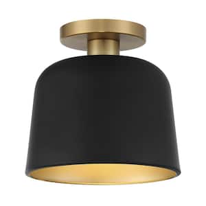 9 in. W x 9 in. H 1-Light Matte Black with Natural Brass Semi-Flush Mount with Metal Shade