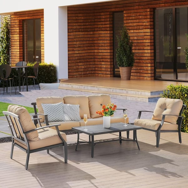 Black 4-Piece Aluminum Patio Conversation Set with Coffee Table and Removable Zippered Ginger Cushions