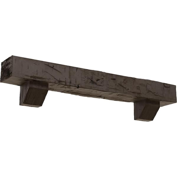 Ekena Millwork 4 in. x 8 in. x 3 ft. Hand Hewn Faux Wood Fireplace Mantel Kit with Ashford Corbels, Natural Honey Dew