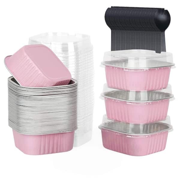4 in. x 4 in. 10 oz. Foil Mini Cake Pans with Lids, Spoons, Baking Tins for Home Bakers and Bake Sales, Pink (40-Pack)