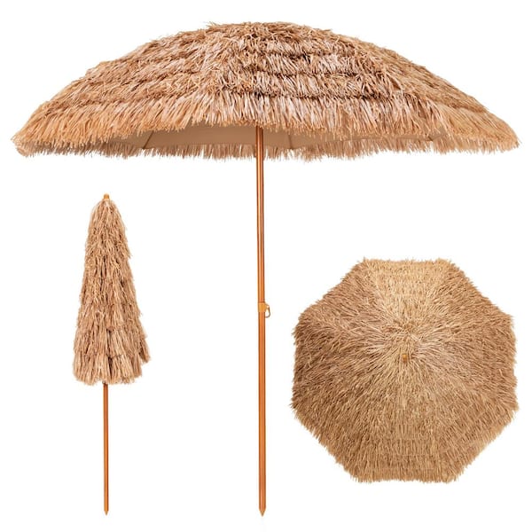 Costway 8 ft. Patio Steel Thatched Tiki Beach Umbrella 8 Ribs Portable Hawaiian Hula