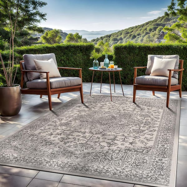 Athena Gray 9 ft. x 12 ft. Rubber Back Washable Oriental Border Indoor Outdoor Patio Area Rug