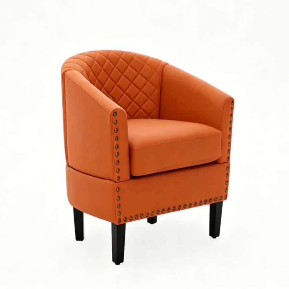 Modern Orange PU Leather Wood Frame Accent Arm Chair with Nailhead Trims