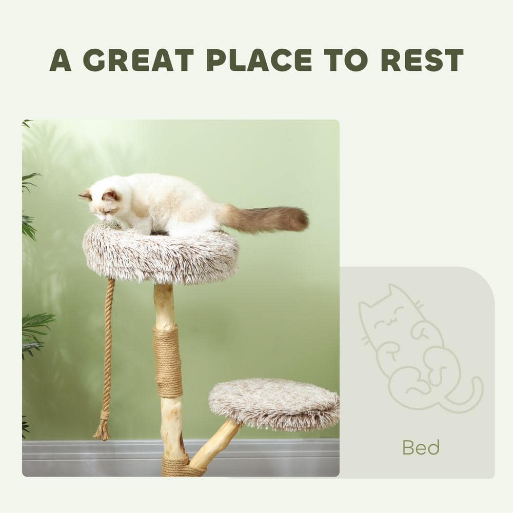 35 Inch Brown Plush and Wood Cat Tree Tower