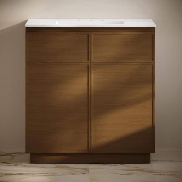 Swiss Madison St. Tropez 36" Freestanding Bath Vanity in Brown Oak with White Ceramic 3-Hole Widespread Sink Top
