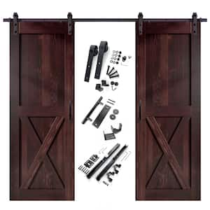 30 in. x 96 in. X-Frame Red Mahogany Double Pine Wood Interior Sliding Barn Door with Hardware Kit, Non-Bypass