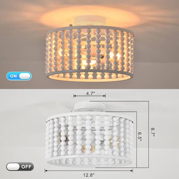 12.8 in. 3-Light White Semi Flush Mount Round Ceiling Light Fixture with Wood Bead and No Bulbs Included