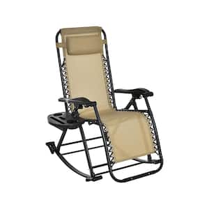 Outdoor Wicker Foldable Reclining Zero Gravity Lounge Outdoor Rocking Chair with Pillow, Cup and Phone Holder in Beige