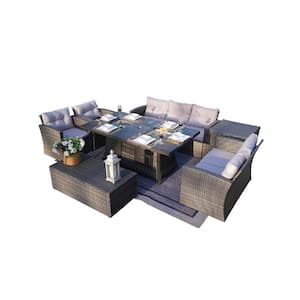 Fire and Ice Gary 7-Pieces Wicker Patio Conversation Fire Pit Table Sofa Set with Ice Bucket and 2 Storage Box