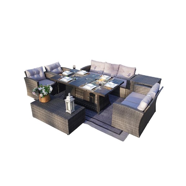 moda furnishings Fire and Ice Gary 7-Pieces Wicker Patio Conversation Fire Pit Table Sofa Set with Ice Bucket and 2 Storage Box