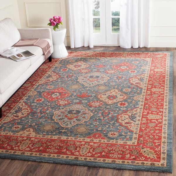 Mahal 9 ft. x 9 ft. Square Navy/Red Floral Border Area Rug