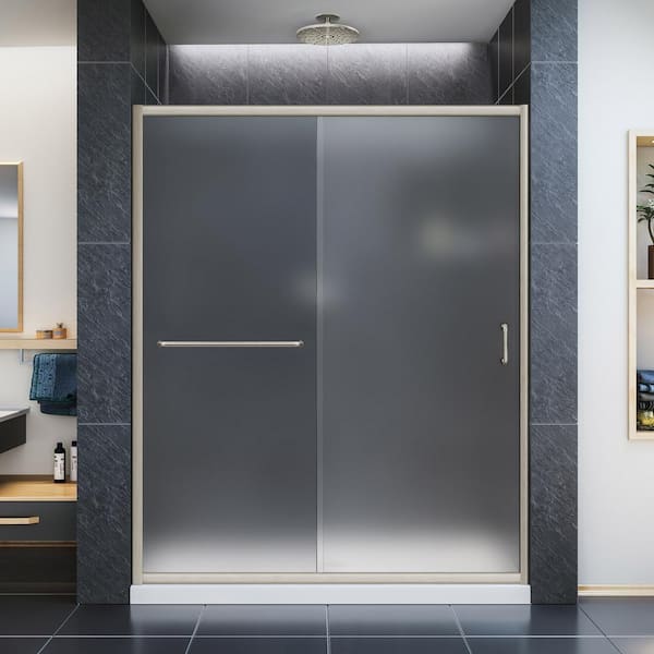 Infinity-Z 30 in. x 60 in. Semi-Frameless Sliding Shower Door in Brushed Nickel with Center Drain White Base