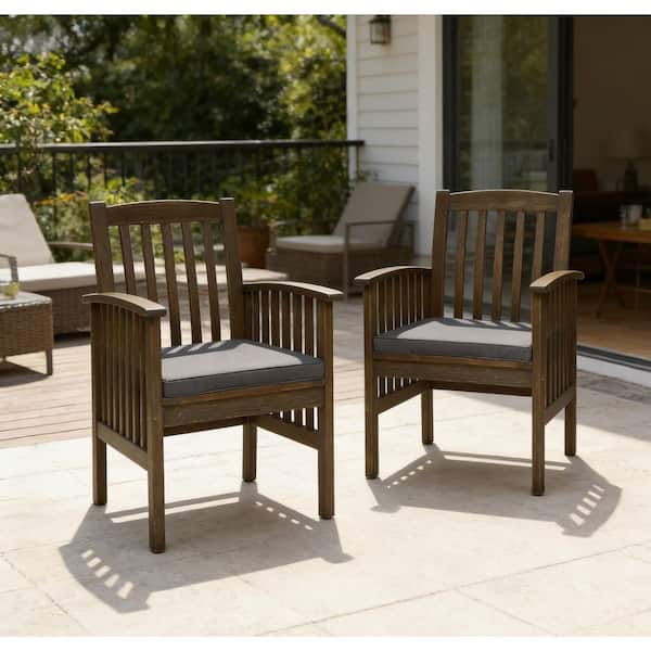 Brown Acacia Wood Outdoor Dining Chair with Dark Gray Cushions (2