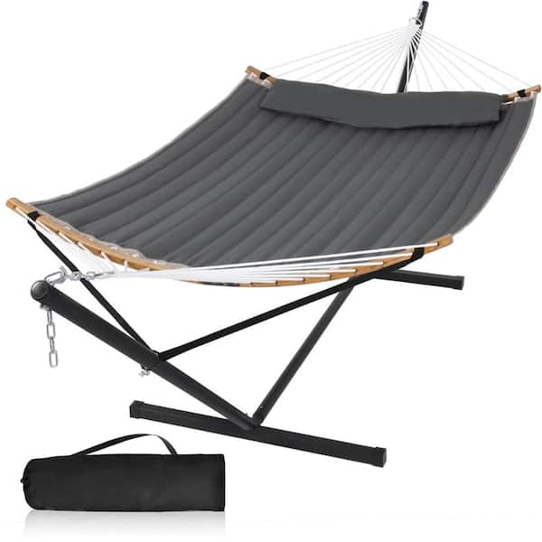 Portable 2-Person Hammock with Large Pillow & Heavy-Duty Steel Stand Set (Dark Gray)