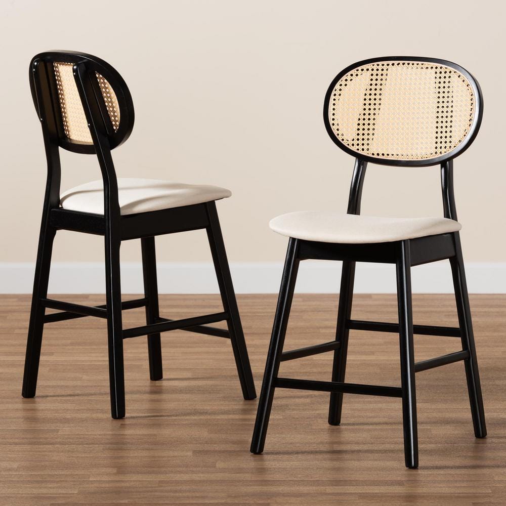 Cream and Black Woven Wood Counter Stools, Set of 2