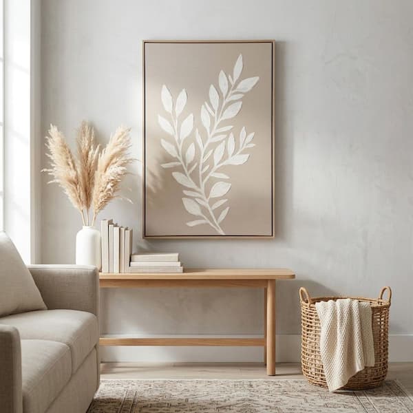 Ivory/Tan Wood Framed Botanical Leaves Canvas Wall Art Print 23.75 in. x 35.5 in.