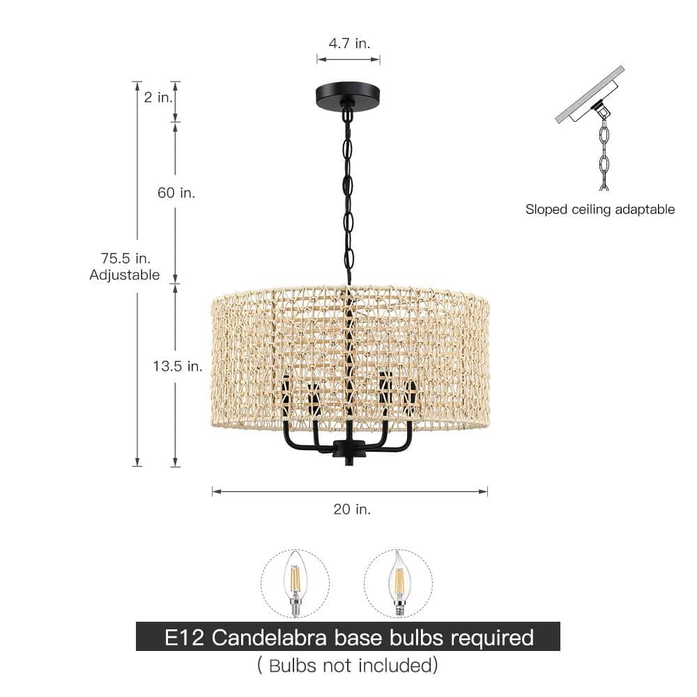 Natural Beige Rattan Drum Pendant Chandelier with Black Accents