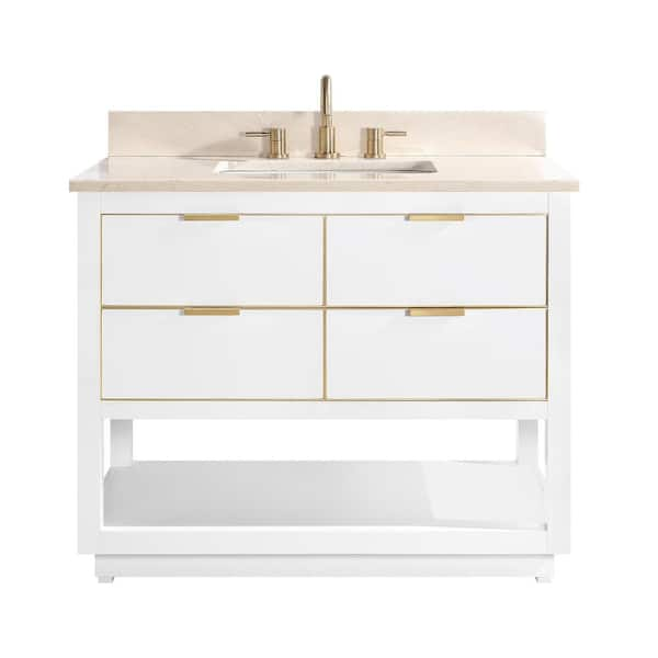 Avanity Allie 43 in. W x 22 in. D Bath Vanity in White with Gold Trim with Marble Vanity Top in Crema Marfil with White Basin