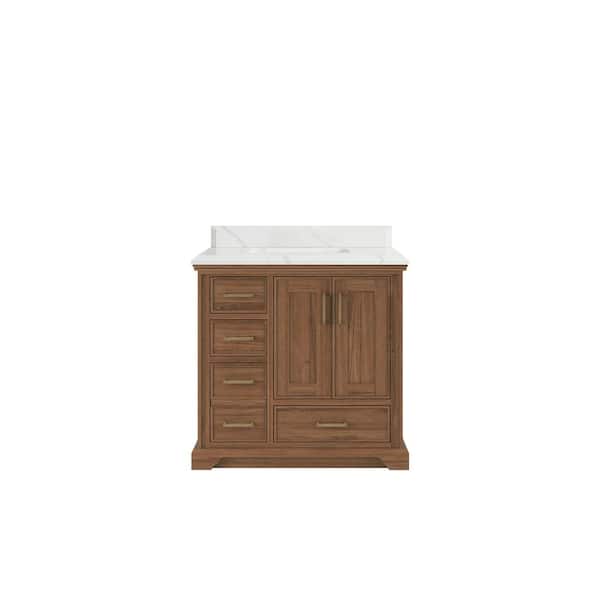 Willow Collections Charlotte Teak 36 in. W x 22 in. D x 36 in. H Center Sink Bath Vanity in Dark Natural with 1.5" Calacatta Laza Qt. Top