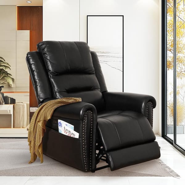 LY & S Collection 35.25 in. W Black Genuine leather Power Recliner with Power Headrest USB Type C Charger