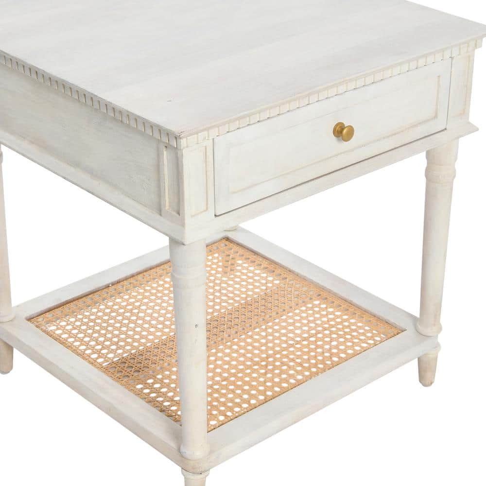 Distressed White Wood End Table with Cane Shelf and Drawer