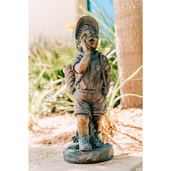 Xbrand 24 H Faux Bronze Magnesium Oxide Walking Boy Garden Statue w/Small Flower Plant Pot, Outdoor Décor, Natural Design Sculpture,BronzeBoyX5