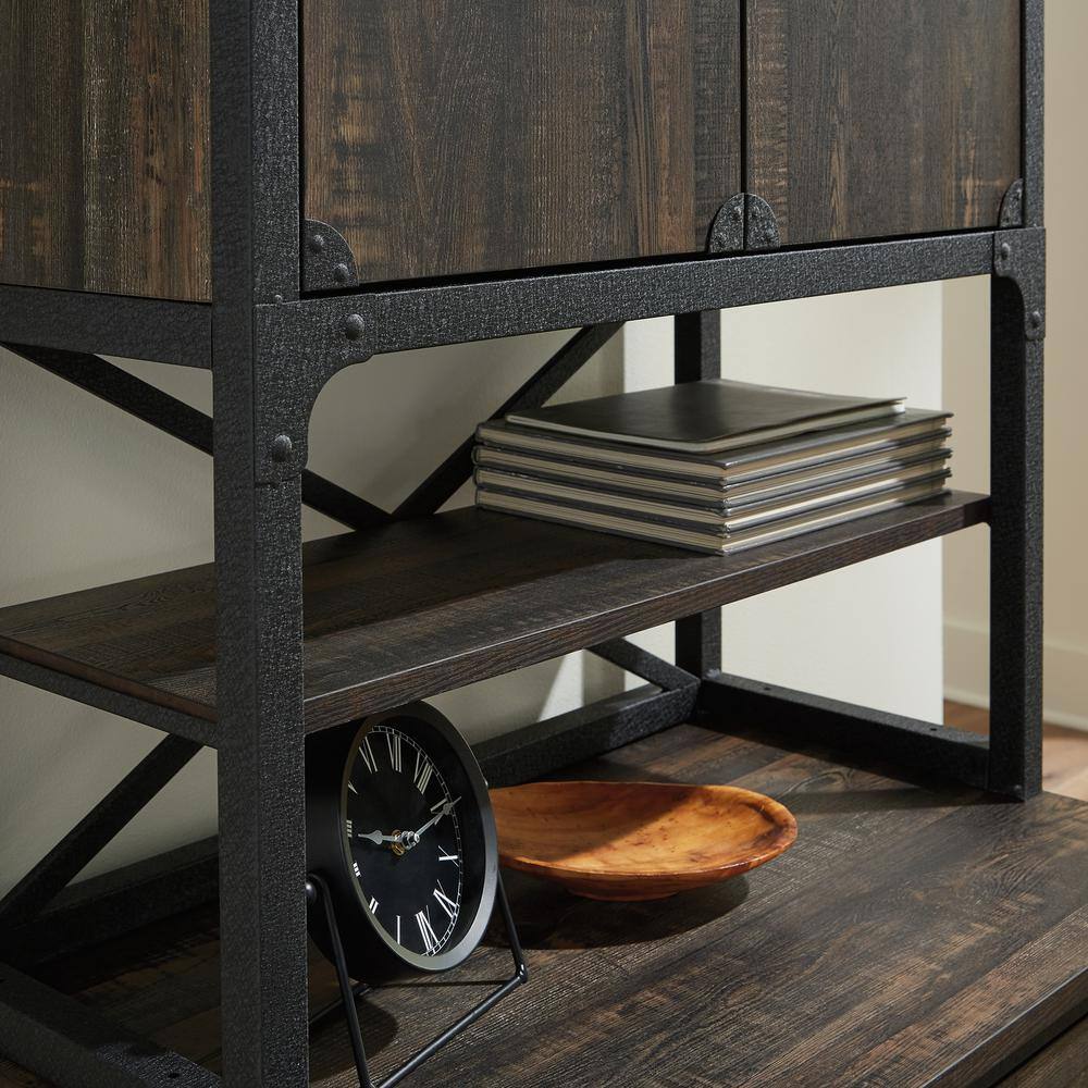 Carbon Oak Industrial China Cabinet with Metal Frame