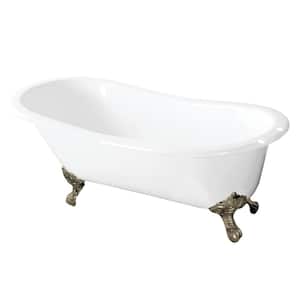 57 in. Cast Iron Slipper Clawfoot Bathtub in White with 7 in. Deck Holse, Feet in Brushed Nickel