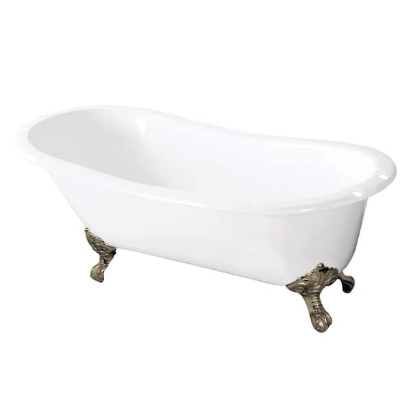 Aqua Eden 57 in. Cast Iron Slipper Clawfoot Bathtub in White with 7 in. Deck Holse, Feet in Brushed Nickel