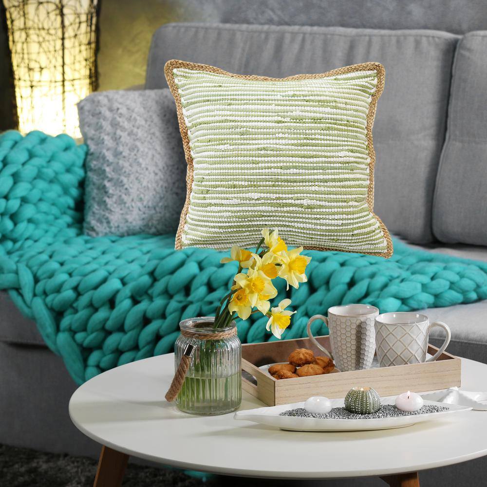 Turquoise and Jute Bordered Square Throw Pillow, 20" x 20"