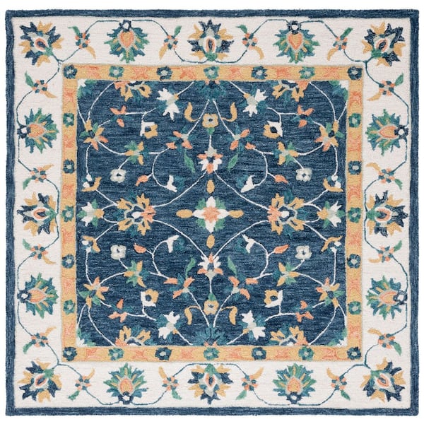 SAFAVIEH Micro-Loop Blue/Ivory 5 ft. x 5 ft. Border Persian Square Area Rug
