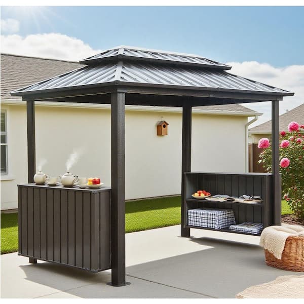 Sandgo 6 ft. x 10 ft. Outdoor BBQ Gazebo with Double Galvanized Steel Roof, 2 Storage Cabinets and Ceiling Hooks, Gray