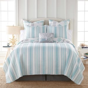 Cape Coral 3-Piece Teal and White Cotton King Quilt Set