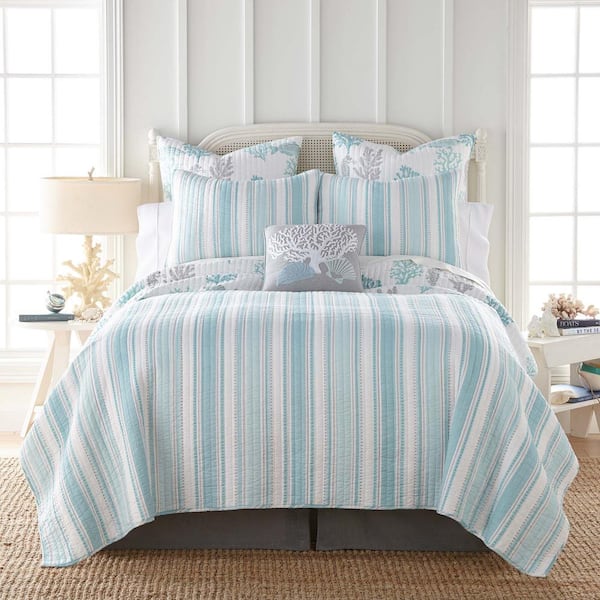 LEVTEX HOME Cape Coral 3-Piece Teal and White Cotton King Quilt Set