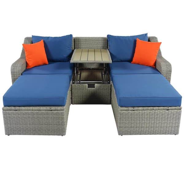 waelph Gray Wicker Outdoor Patio Wicker Sectional Set with Blue Cushions and Coffee Table