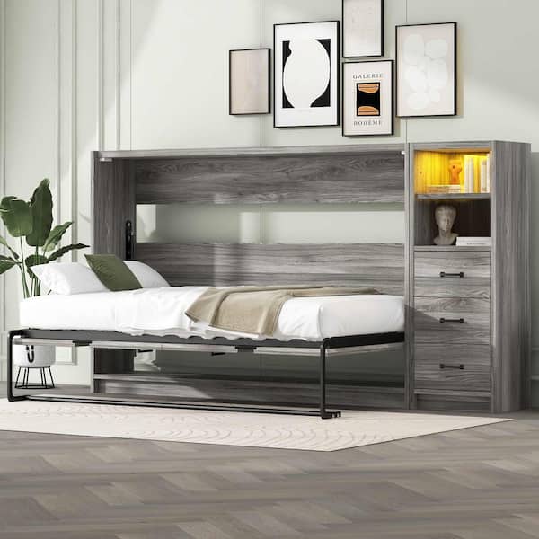 Gray Wood Frame Twin Size Murphy Bed with Drawers and LED Light, can be Folded into a Cabinet
