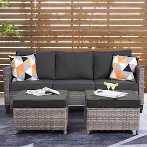New Vultros Gray 3-Piece Wicker Outdoor Lounge Chair with Black Cushions and 2 Ottomans